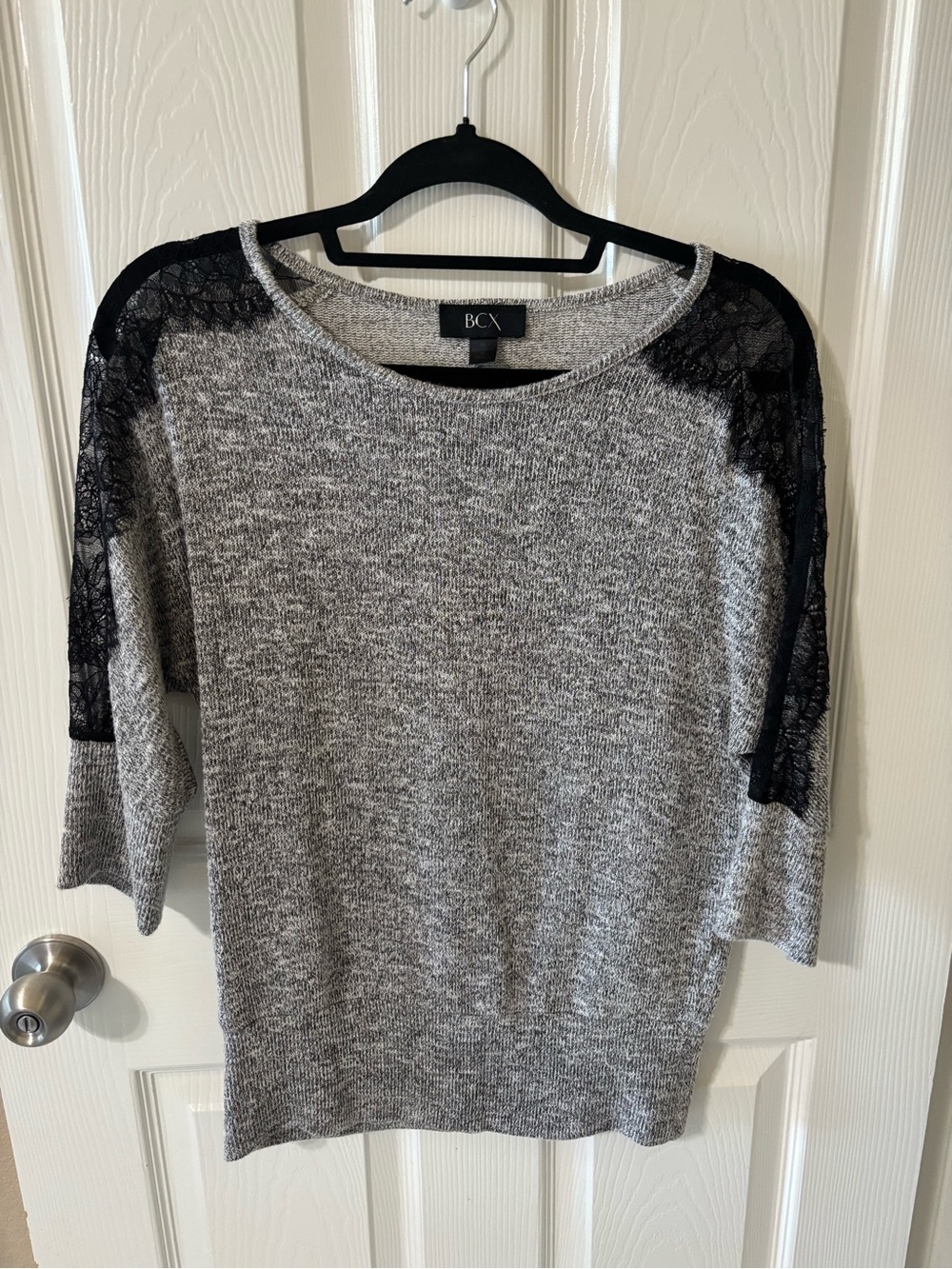 BCX Gray Knit Sweater with Black Lace Shoulder Panels